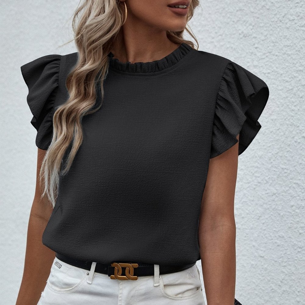 New Mock Neck Lettuce Trim Ruffle Blouse Black